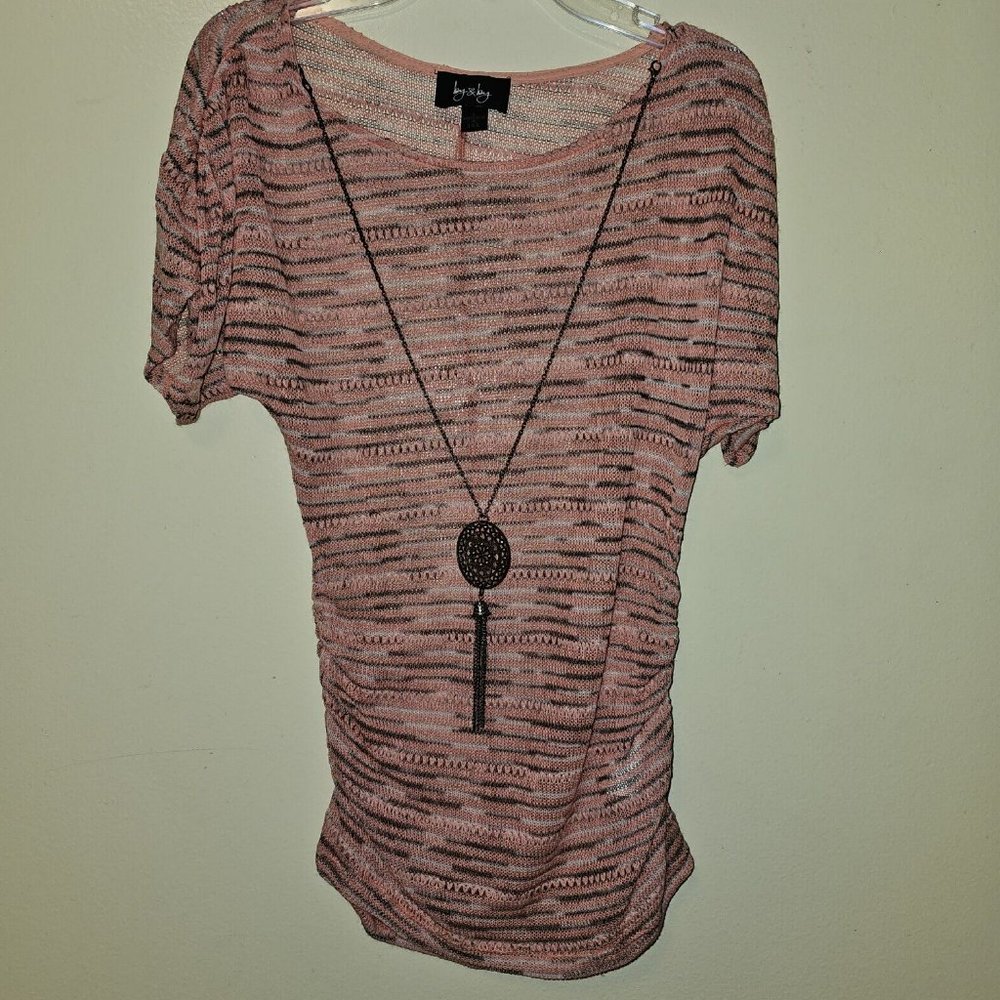 By & By Women's Pink Open Knit See-Thru Top Short Sleeves Round Neck Size L